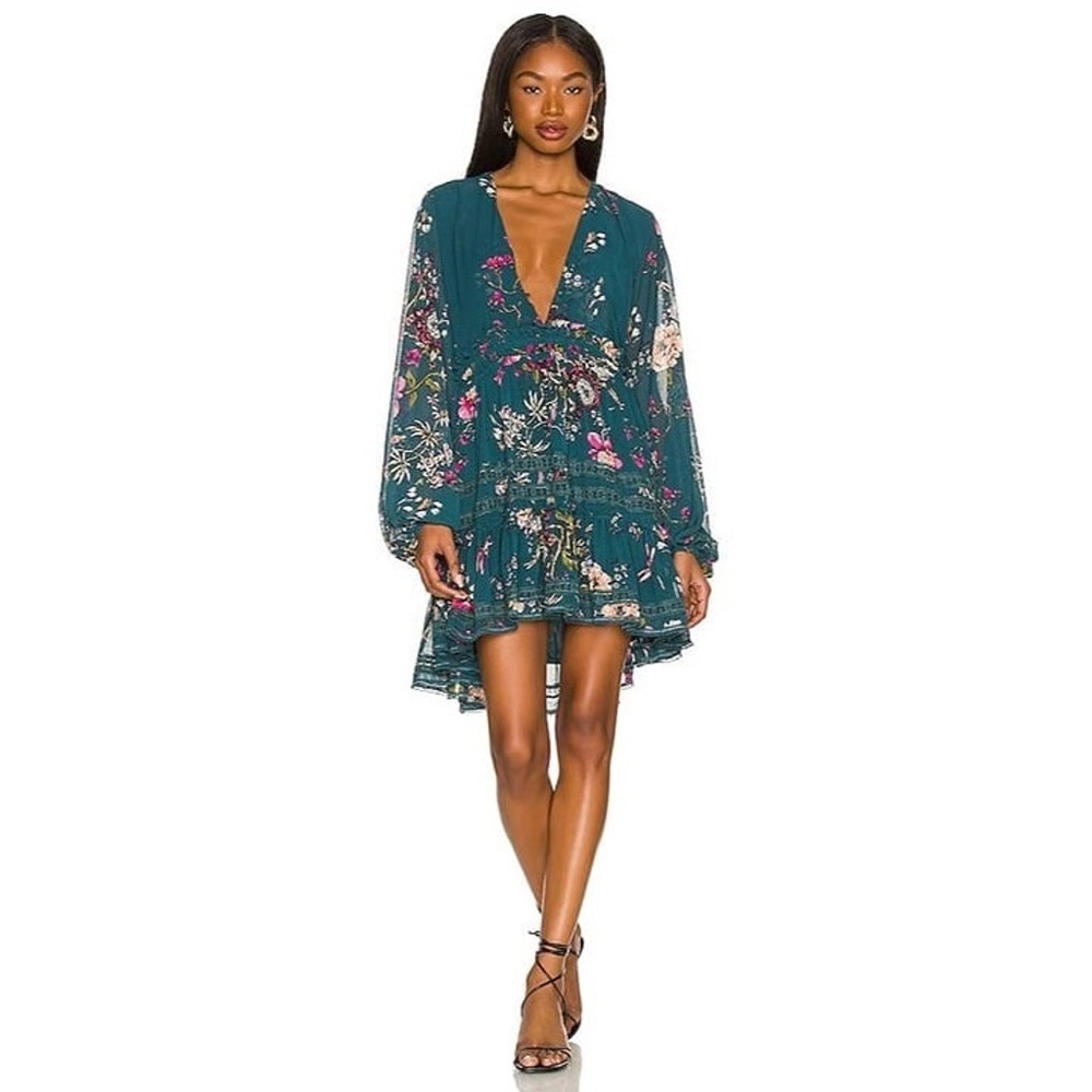 Free People Mini Dress Teal Cherry Blossom Dress Floral Womens Large A-Line